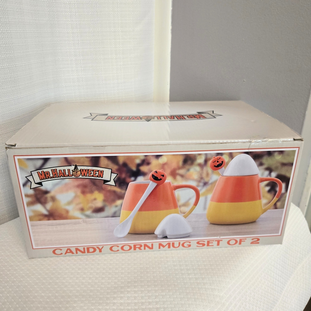 Mr Halloween Candy Corn Lidded Mugs W Pumpkin Spoons Festive Latte Hot Chocolate